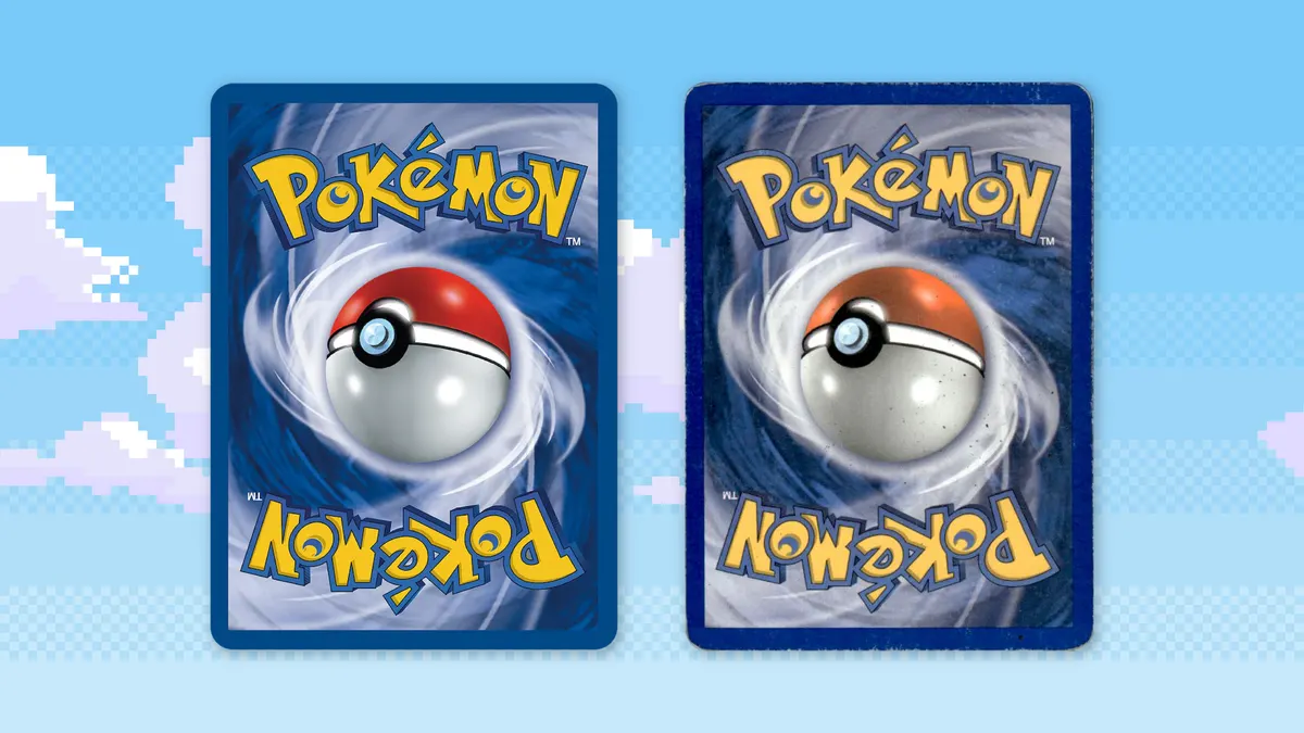 Two Pokémon card backs, one near mint and one with heavy edge wear